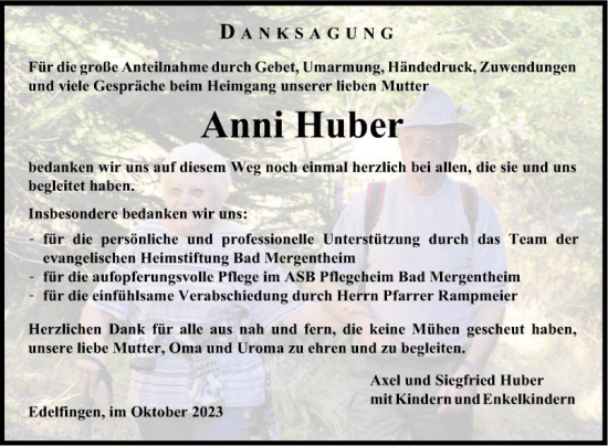 Traueranzeige von Anni Huber von Fränkische Nachrichten