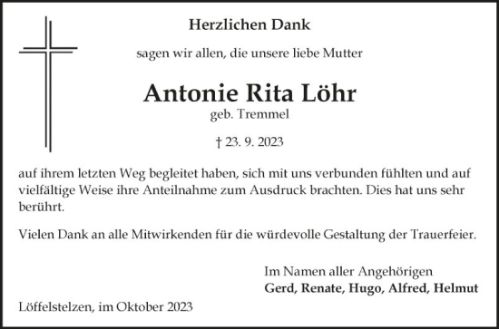 Traueranzeige von Antonie Rita Löhr von Fränkische Nachrichten