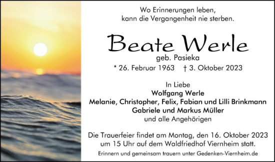 Traueranzeige von Beate Werle von Mannheimer Morgen