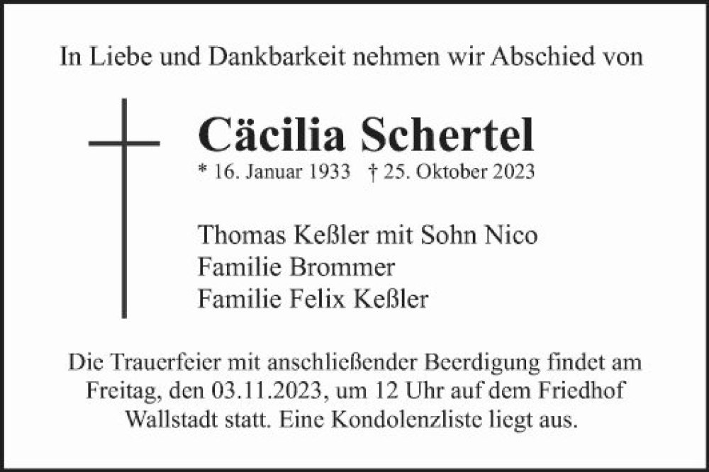  Traueranzeige für Cäcilia Schertel vom 28.10.2023 aus Mannheimer Morgen