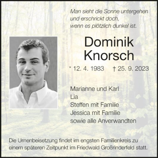 Traueranzeige von Dominik Knorsch von Fränkische Nachrichten
