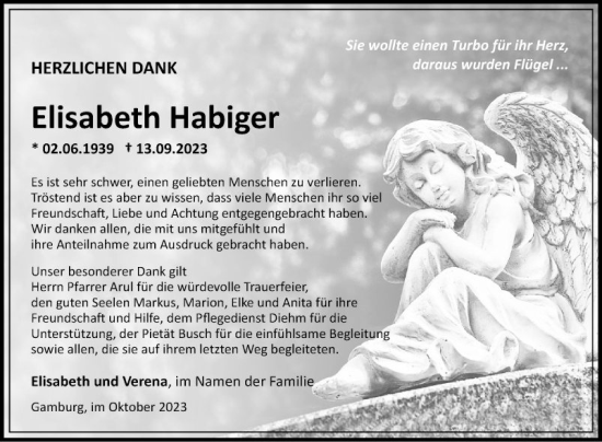 Traueranzeige von Elisabeth Habiger von Fränkische Nachrichten