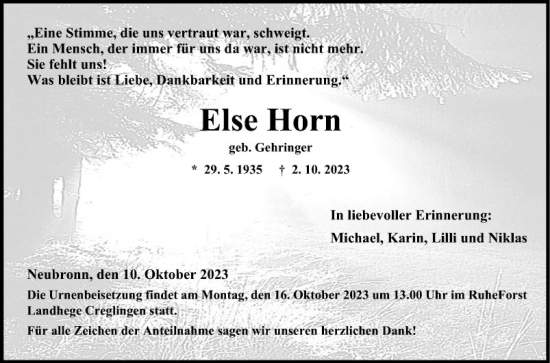 Traueranzeige von Else Horn von Fränkische Nachrichten