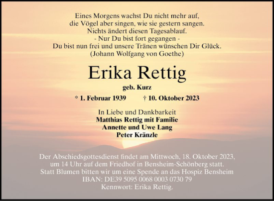 Traueranzeige von Erika Rettig von Bergsträßer Anzeiger