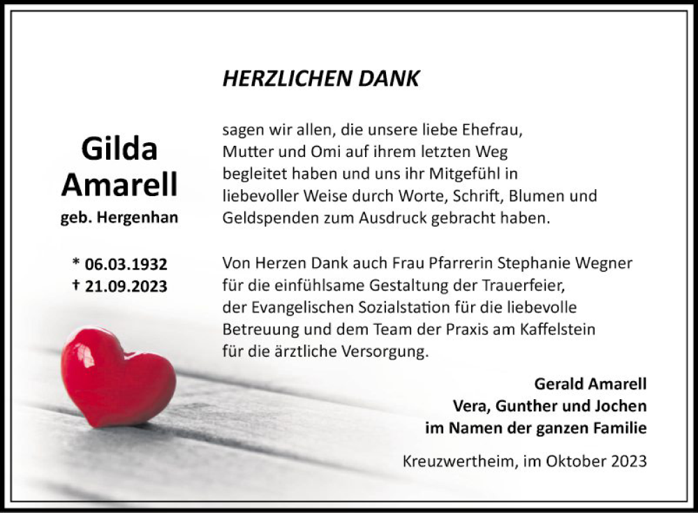  Traueranzeige für Gilda Amarell vom 28.10.2023 aus Fränkische Nachrichten