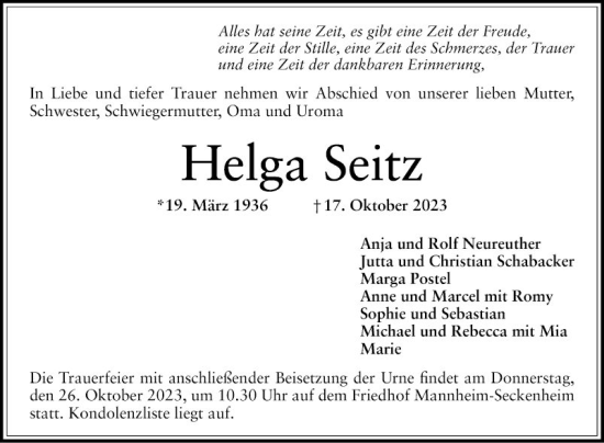 Traueranzeige von Helga Seitz von Mannheimer Morgen