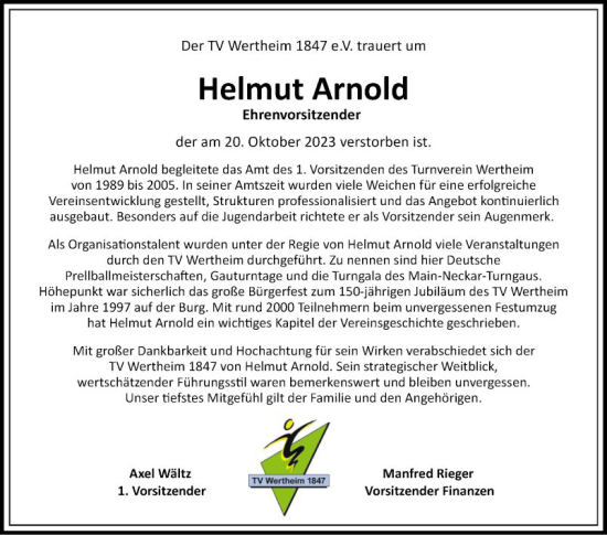 Traueranzeige von Helmut Arnold von Fränkische Nachrichten