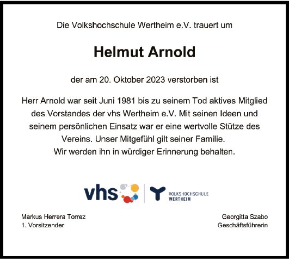  Traueranzeige für Helmut Arnold vom 26.10.2023 aus Fränkische Nachrichten