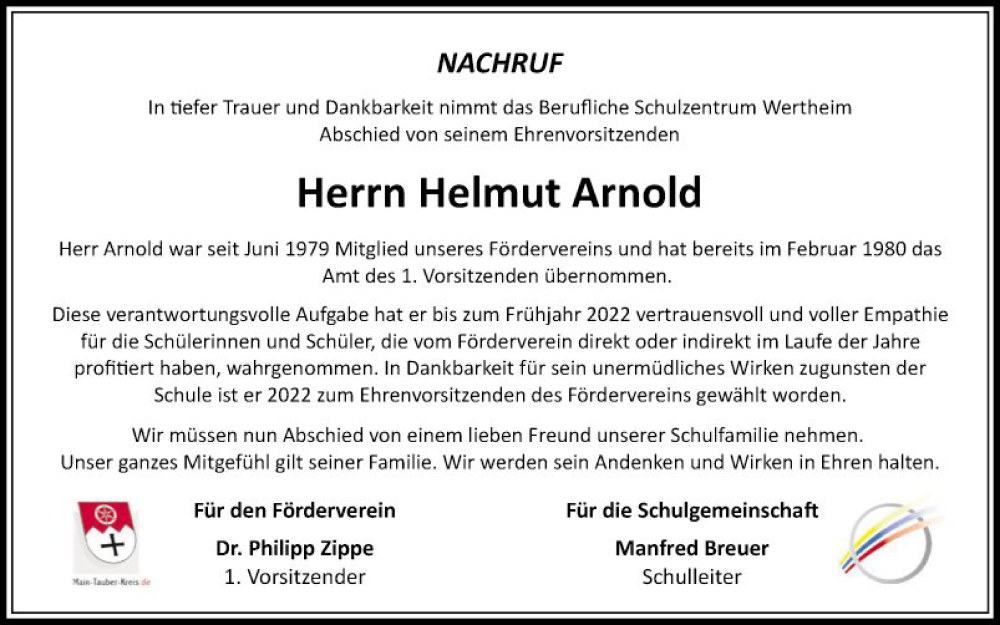  Traueranzeige für Helmut Arnold vom 25.10.2023 aus Fränkische Nachrichten