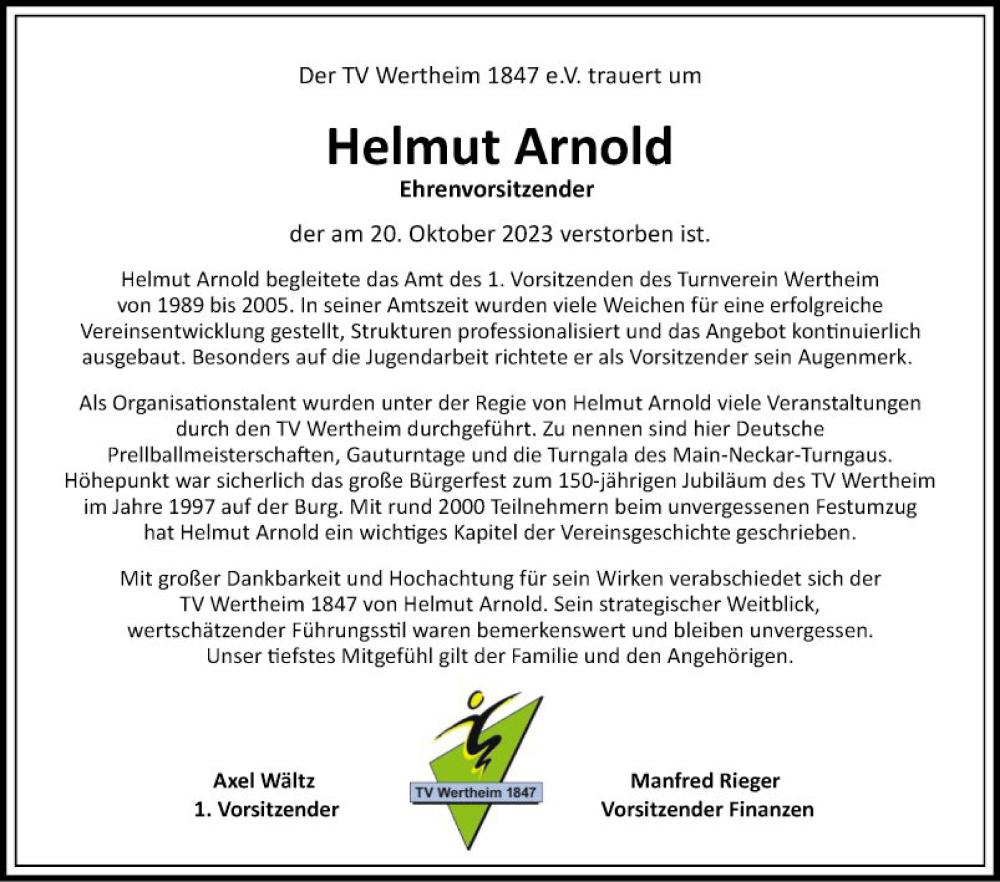  Traueranzeige für Helmut Arnold vom 24.10.2023 aus Fränkische Nachrichten