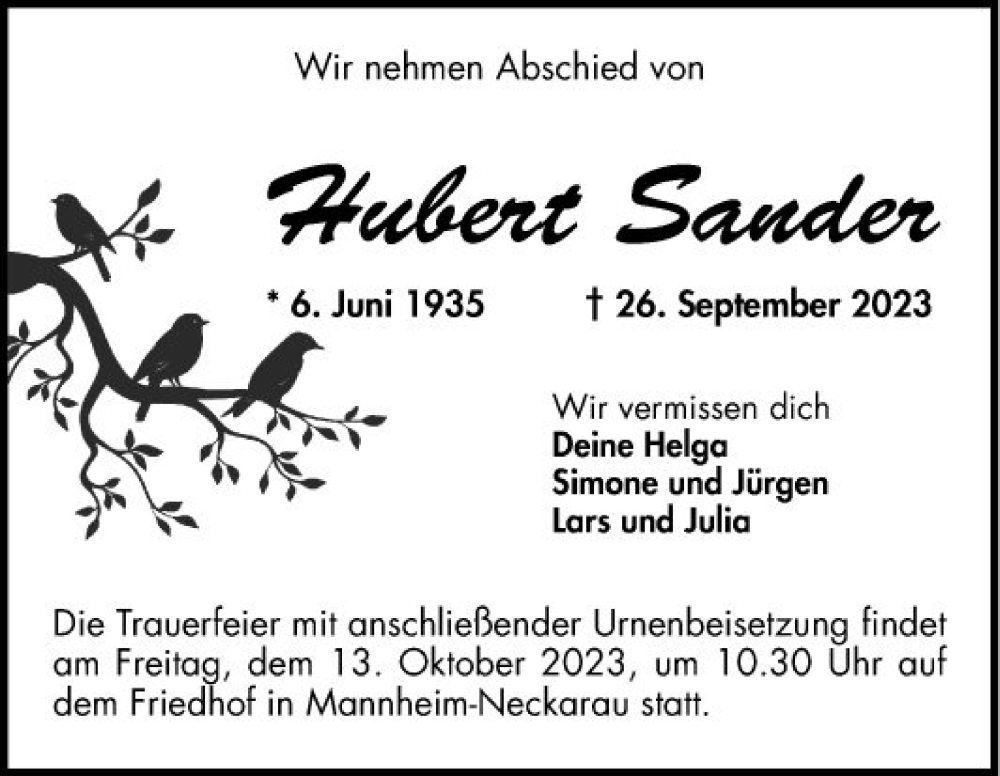  Traueranzeige für Hubert Sander vom 07.10.2023 aus Mannheimer Morgen