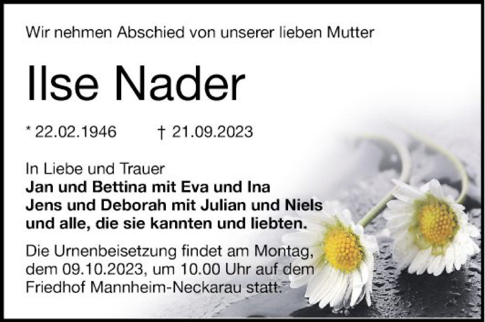  Traueranzeige für Ilse Nader vom 07.10.2023 aus Mannheimer Morgen
