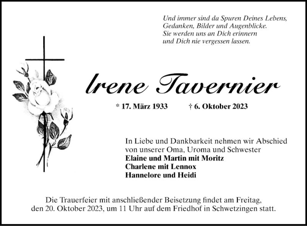  Traueranzeige für Irene Tavernier vom 14.10.2023 aus Schwetzinger Zeitung