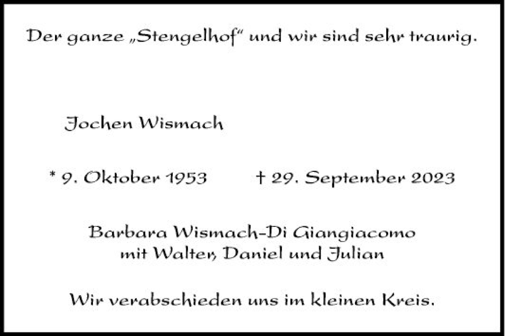  Traueranzeige für Jochen Wismach vom 07.10.2023 aus Mannheimer Morgen