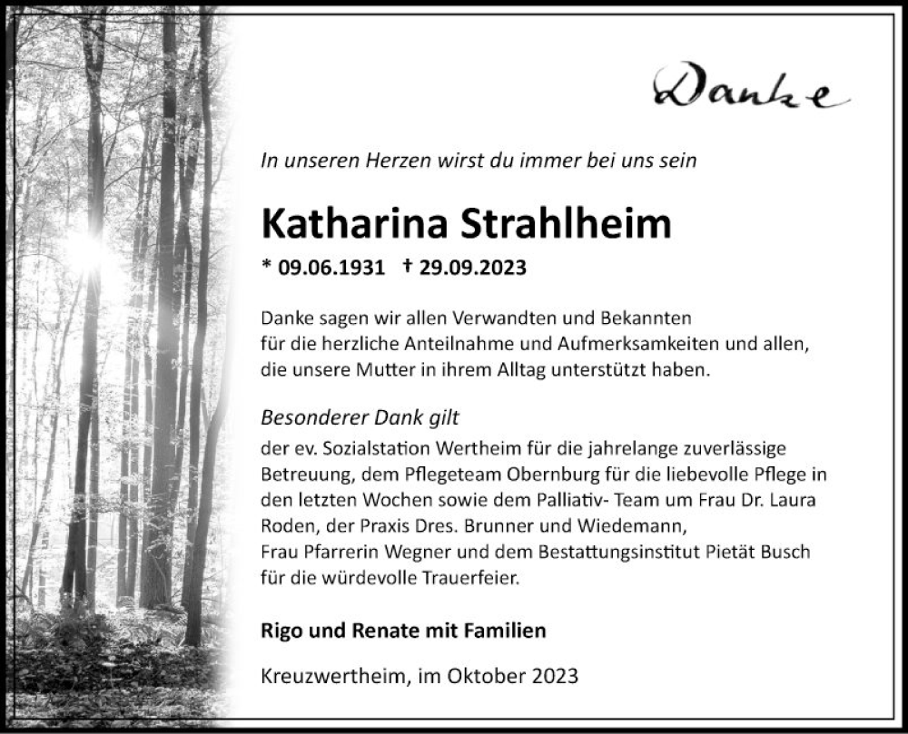  Traueranzeige für Katharina Strahlheim vom 21.10.2023 aus Fränkische Nachrichten