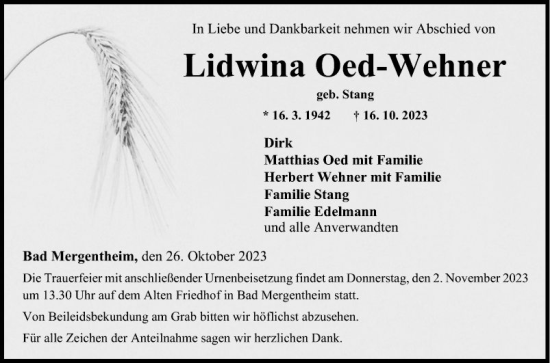 Traueranzeige von Lidwina Oed-Weliner von Fränkische Nachrichten