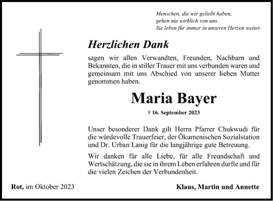 Traueranzeige von Maria Bayer von Fränkische Nachrichten