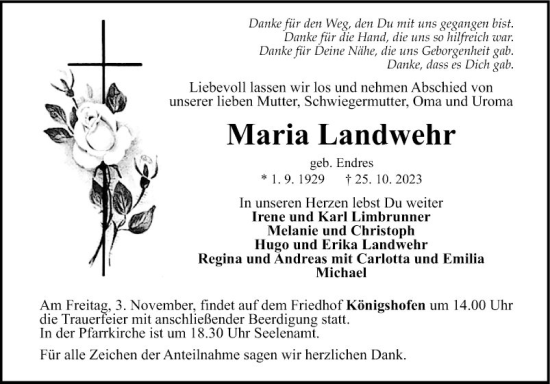 Traueranzeige von Maria Landwehr von Fränkische Nachrichten