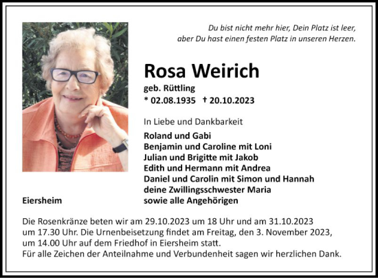 Traueranzeige von Rosa Weirich von Fränkische Nachrichten