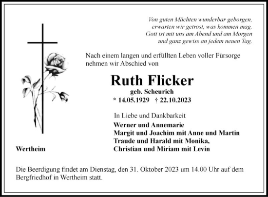 Traueranzeige von Ruth Flicker von Fränkische Nachrichten