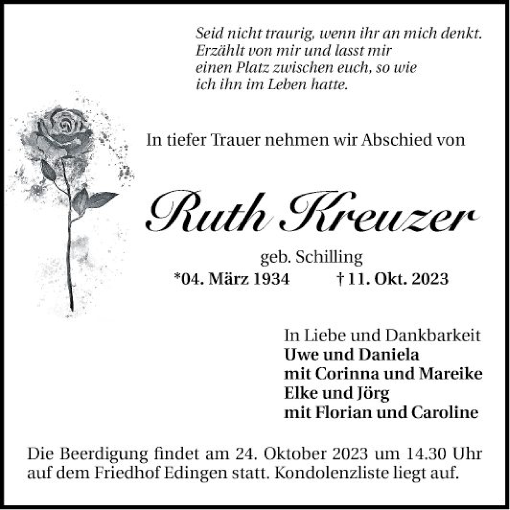  Traueranzeige für Ruth Kreuzer vom 21.10.2023 aus Mannheimer Morgen