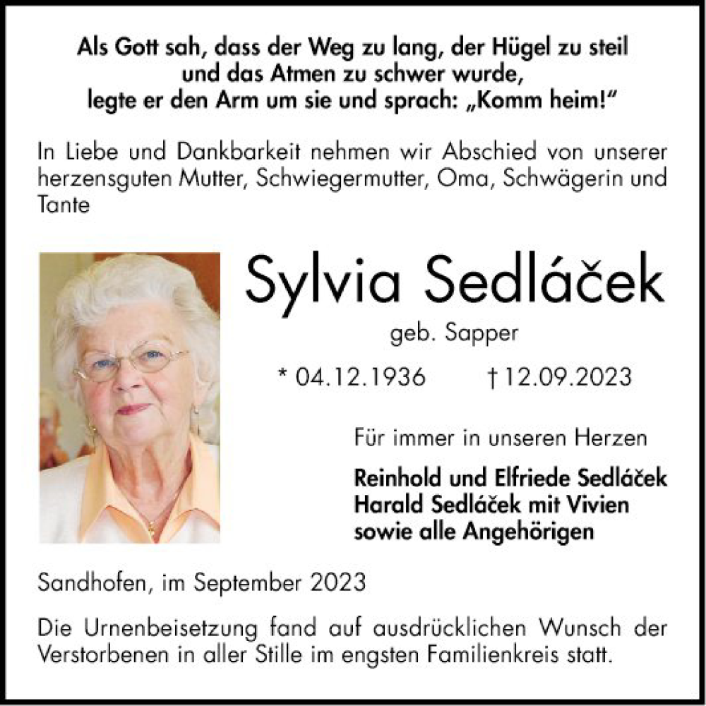  Traueranzeige für Sylvia Sedlacek vom 07.10.2023 aus Bergsträßer Anzeiger