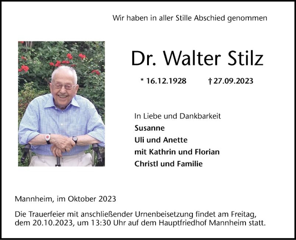  Traueranzeige für Walter Stilz vom 14.10.2023 aus Mannheimer Morgen