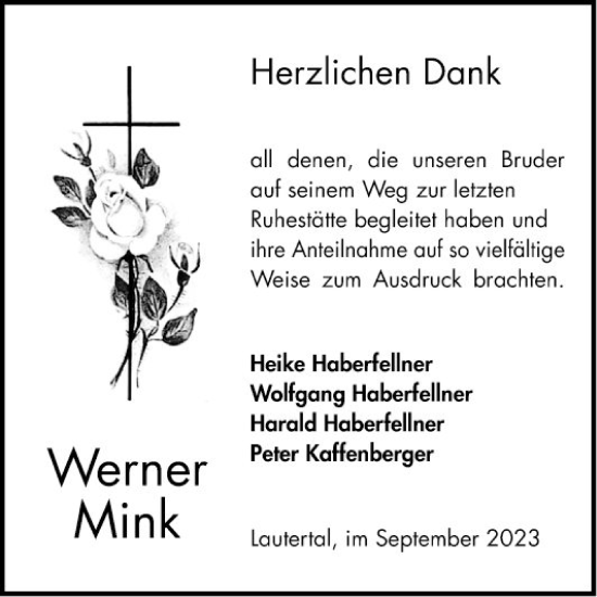 Traueranzeige von Werner Mink von Bergsträßer Anzeiger