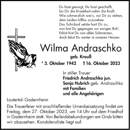 Traueranzeige von Wilma Andraschko von Bergsträßer Anzeiger