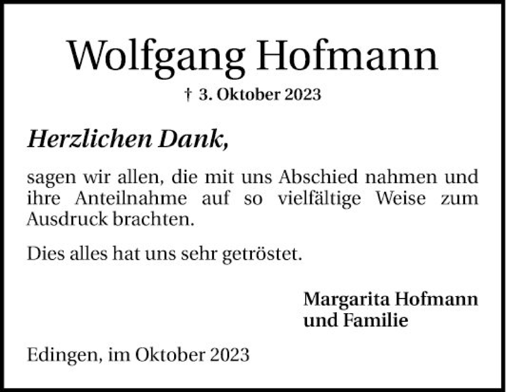  Traueranzeige für Wolfgang Hofmann vom 21.10.2023 aus Mannheimer Morgen