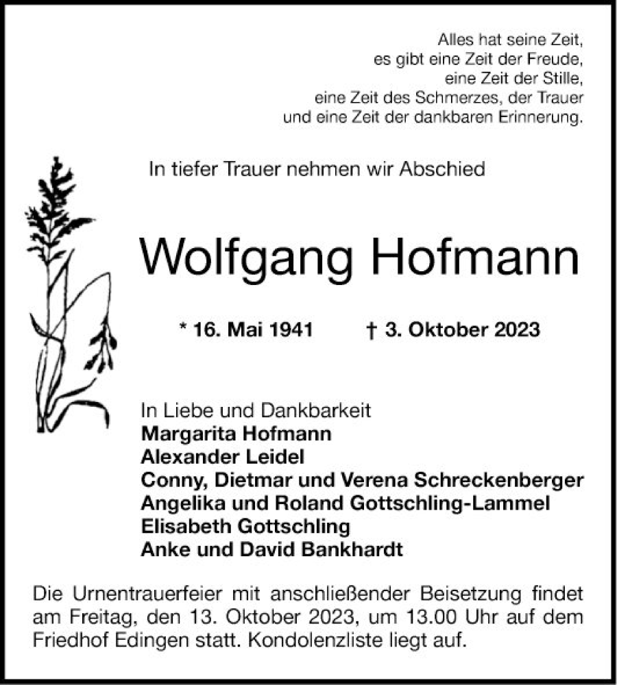  Traueranzeige für Wolfgang Hofmann vom 07.10.2023 aus Mannheimer Morgen