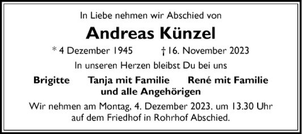  Traueranzeige für Andreas Künzel vom 25.11.2023 aus Mannheimer Morgen