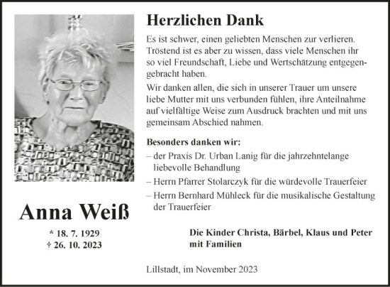 Traueranzeige von Anna Weiß von Fränkische Nachrichten