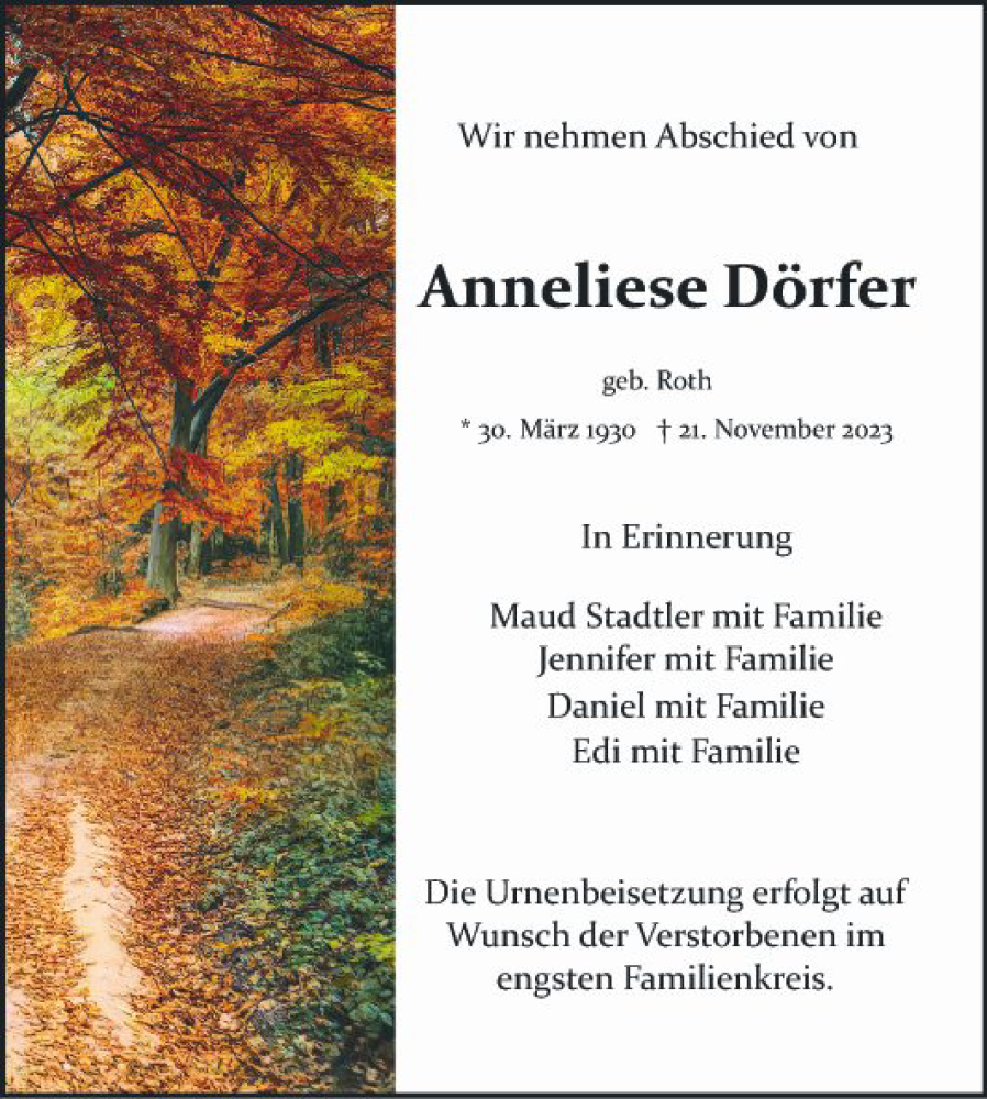  Traueranzeige für Anneliese Dörfer vom 25.11.2023 aus Schwetzinger Zeitung