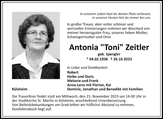 Traueranzeige von Antonia  Zeitler von Fränkische Nachrichten