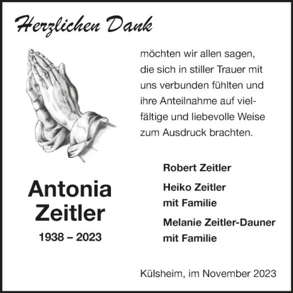  Traueranzeige für Antonia  Zeitler vom 25.11.2023 aus Fränkische Nachrichten