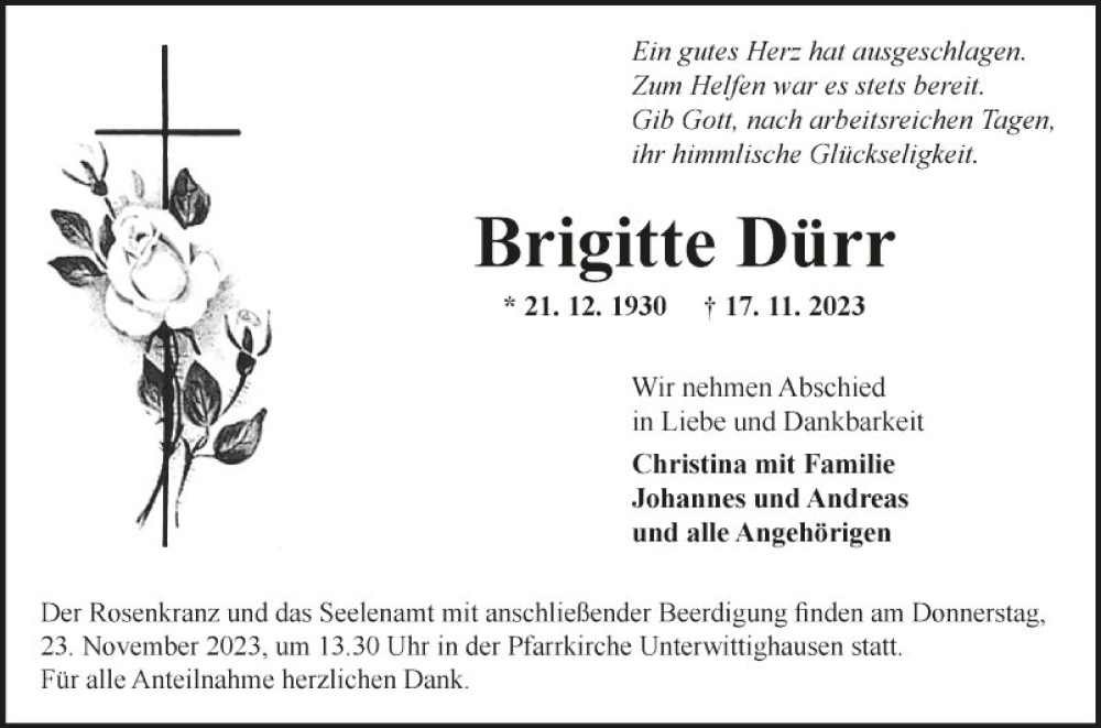 Traueranzeige für Brigitte Dürr vom 21.11.2023 aus Fränkische Nachrichten