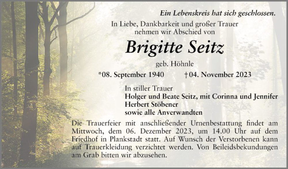  Traueranzeige für Brigitte Seitz vom 18.11.2023 aus Schwetzinger Zeitung