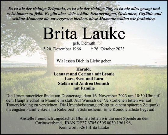 Traueranzeige von Brita Lauke von Mannheimer Morgen