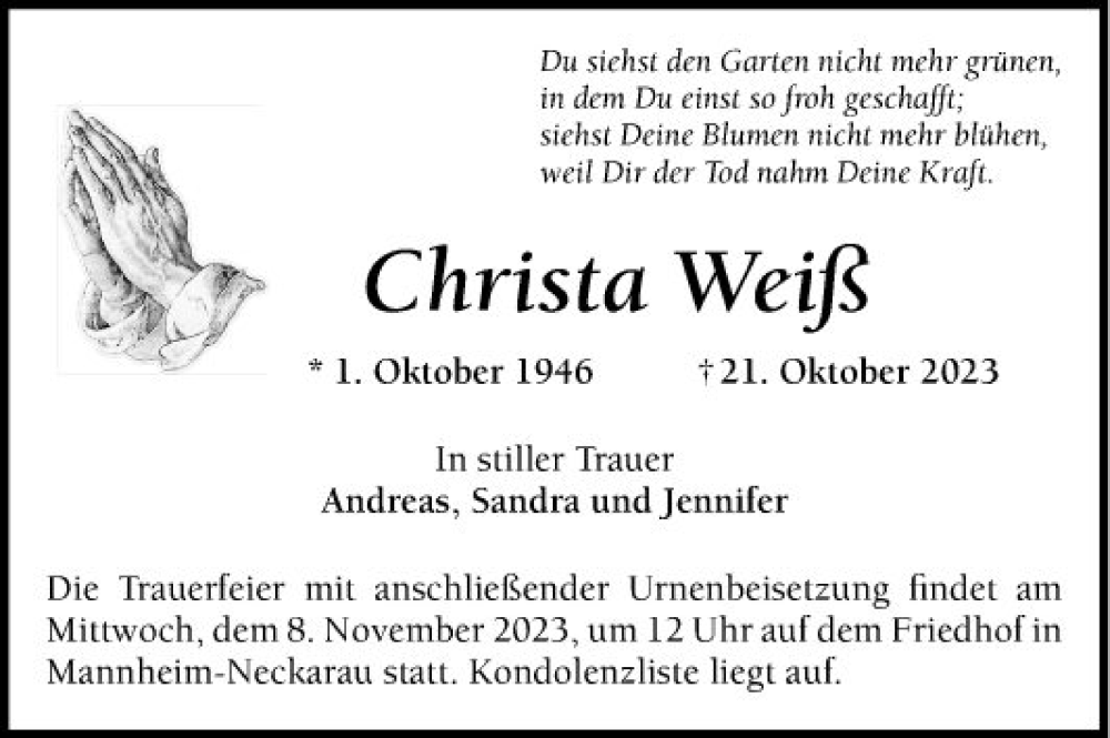  Traueranzeige für Christa Weiß vom 04.11.2023 aus Mannheimer Morgen