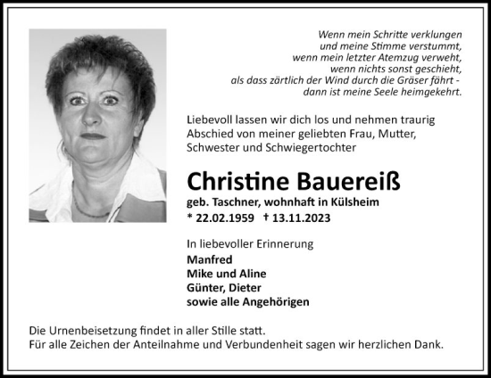 Traueranzeige von Christine Bauereiß von Fränkische Nachrichten
