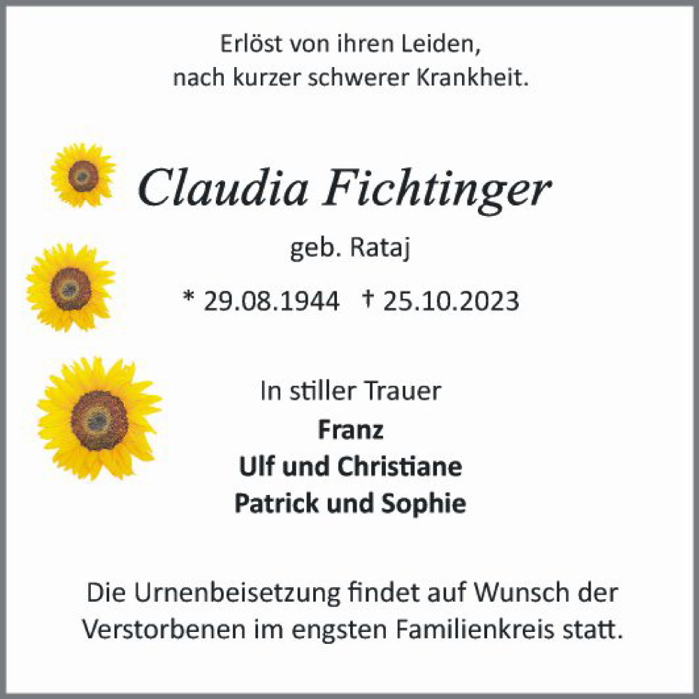  Traueranzeige für Claudia Fichtinger vom 04.11.2023 aus Schwetzinger Zeitung
