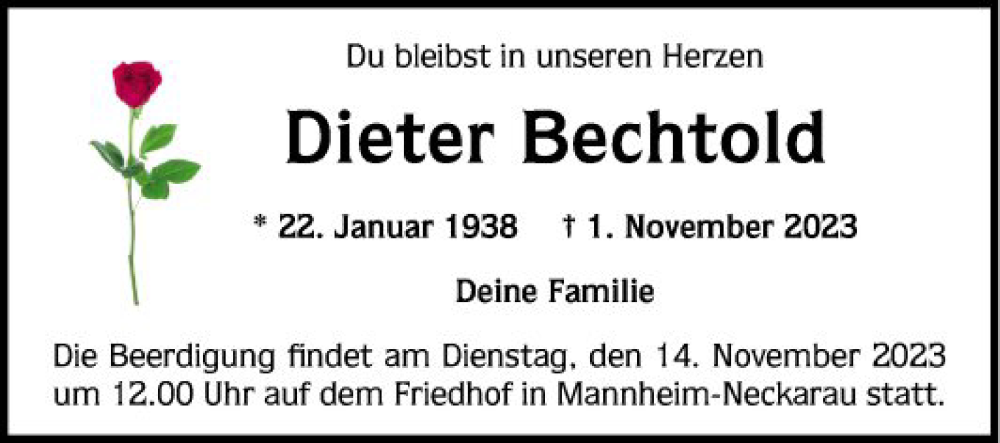  Traueranzeige für Dieter Bechtold vom 04.11.2023 aus Mannheimer Morgen