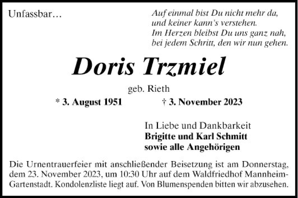 Traueranzeige für Doris Trzmiel vom 11.11.2023 aus Mannheimer Morgen