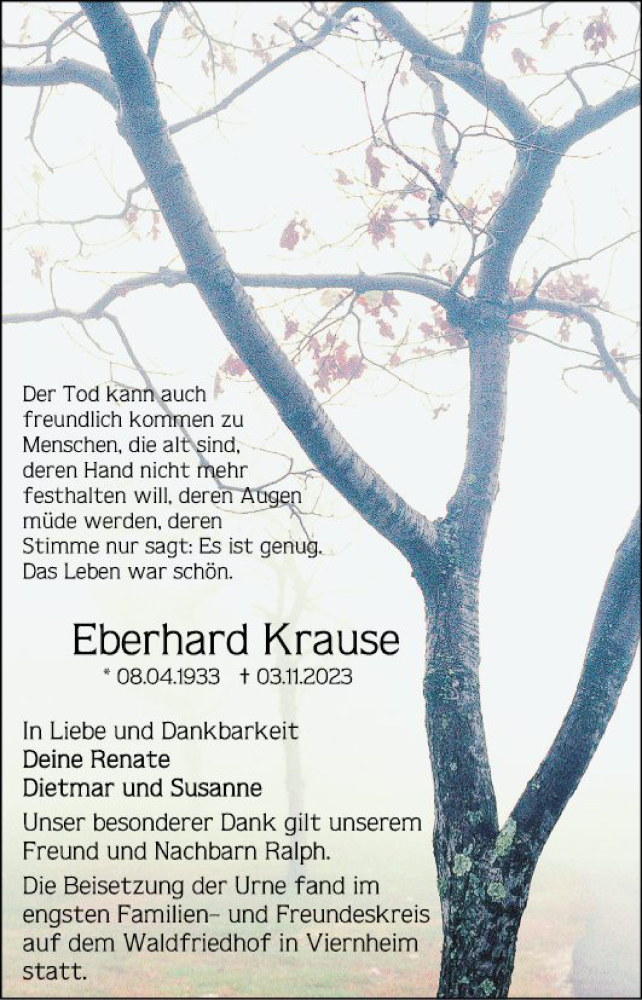  Traueranzeige für Eberhard Krause vom 25.11.2023 aus Mannheimer Morgen