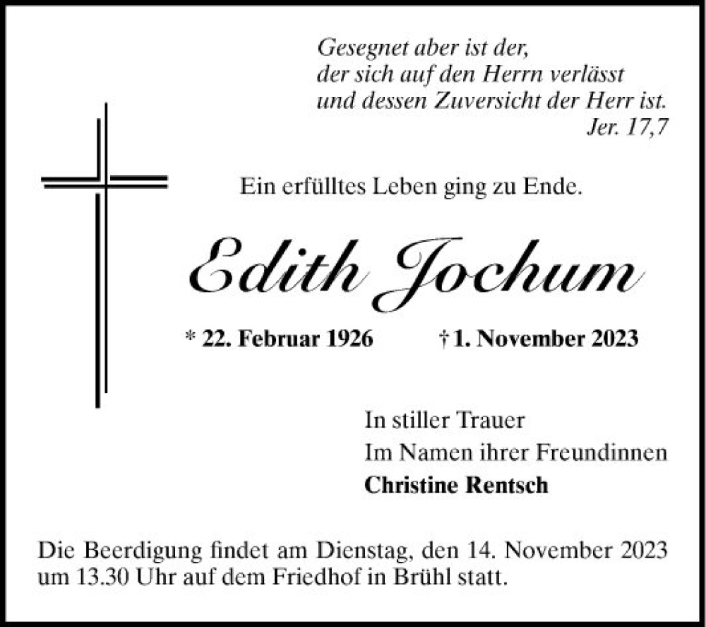  Traueranzeige für Edith Jochum vom 11.11.2023 aus Schwetzinger Zeitung