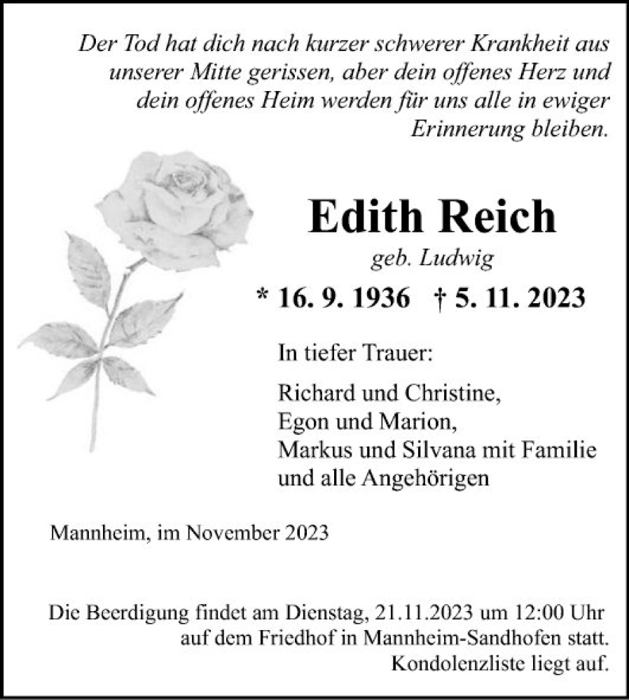  Traueranzeige für Edith Reich vom 11.11.2023 aus Mannheimer Morgen