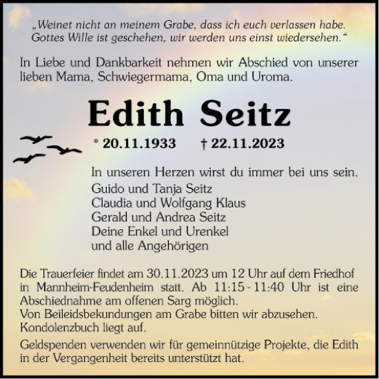 Traueranzeige von Edith Seitz von Mannheimer Morgen