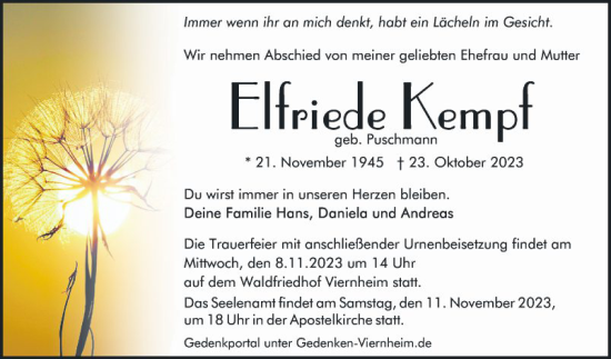 Traueranzeige von Elfriede Kempf von Mannheimer Morgen