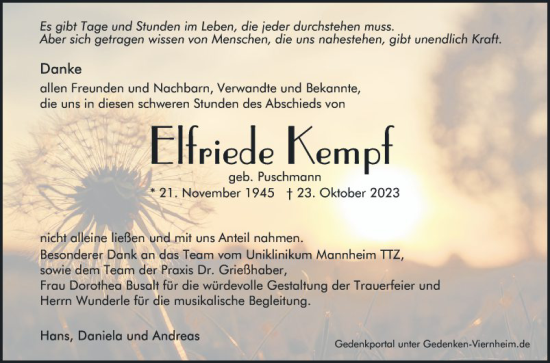 Traueranzeige von Elfriede Kempf von Mannheimer Morgen